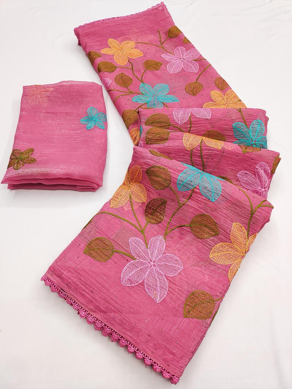Florious Pink Viscose Crunchy Silk Floral Embroidered Designer Party Wear Saree with Swarovski Work