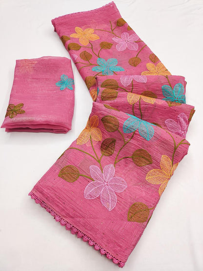 Florious Pink Viscose Crunchy Silk Floral Embroidered Designer Party Wear Saree with Swarovski Work