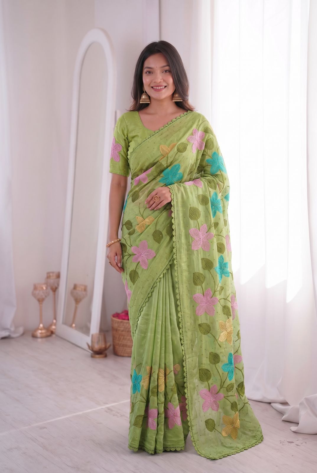 Florious Pistachio Green Viscose Crunchy Silk Floral Embroidered Designer Party Wear Saree with Swarovski Work