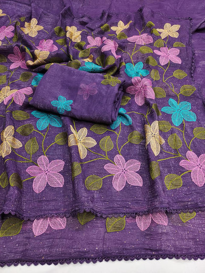 Florious Purple Viscose Crunchy Silk Floral Embroidered Party Wear Saree with Swarovski Diamond Work