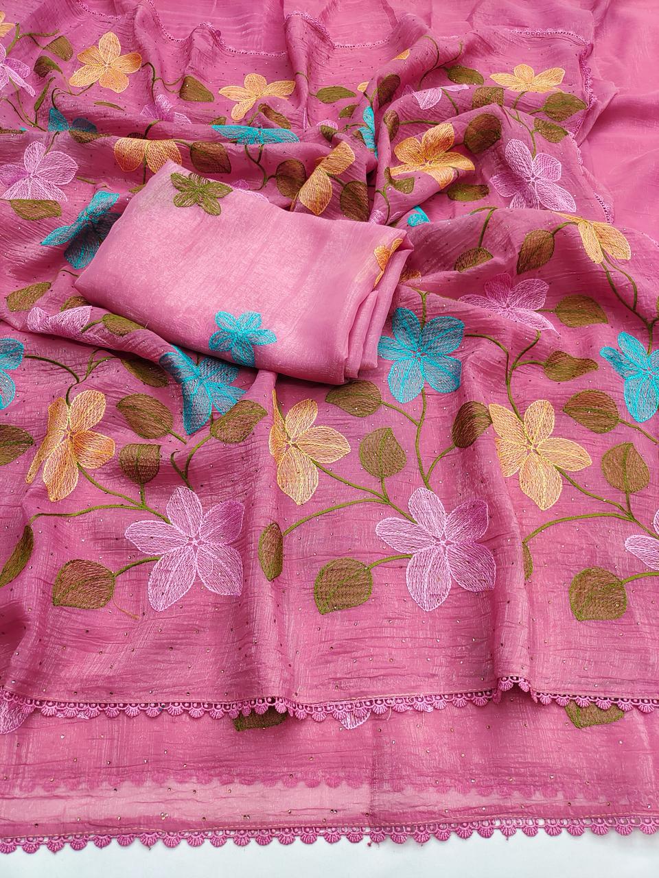 Florious Pink Viscose Crunchy Silk Floral Embroidered Designer Party Wear Saree with Swarovski Work