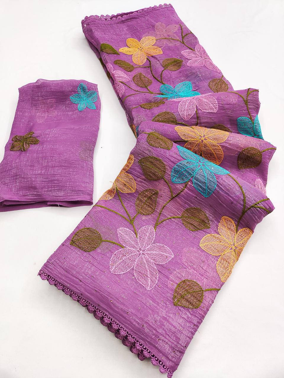 Florious Lavender Viscose Crunchy Silk Floral Embroidered Designer Party Wear Saree with Swarovski Work