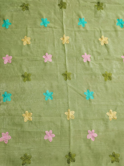 Florious Pistachio Green Viscose Crunchy Silk Floral Embroidered Designer Party Wear Saree with Swarovski Work