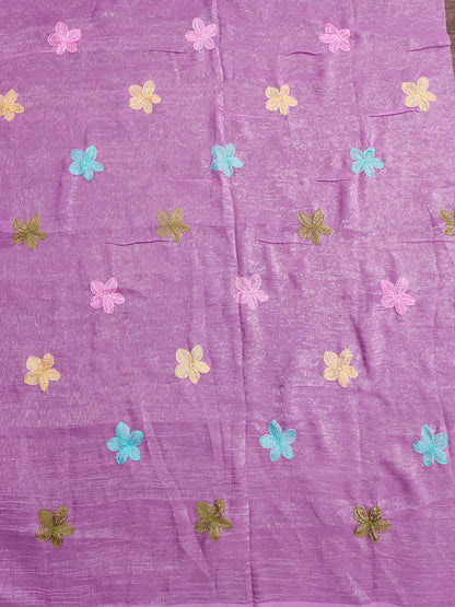 Florious Lavender Viscose Crunchy Silk Floral Embroidered Designer Party Wear Saree with Swarovski Work