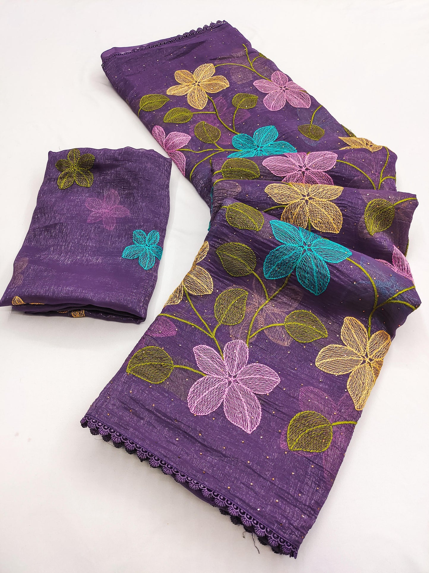 Florious Purple Viscose Crunchy Silk Floral Embroidered Party Wear Saree with Swarovski Diamond Work