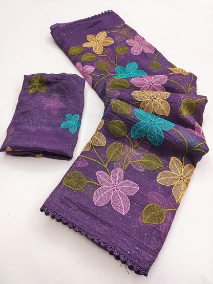 Florious Purple Viscose Crunchy Silk Floral Embroidered Party Wear Saree with Swarovski Diamond Work
