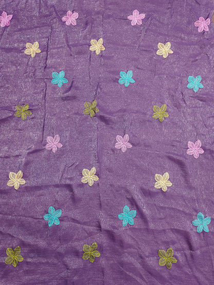 Florious Purple Viscose Crunchy Silk Floral Embroidered Party Wear Saree with Swarovski Diamond Work