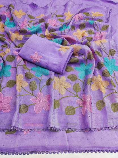 Lavender Florious Viscose Crunchy Silk Designer Saree with Floral Embroidery & Swarovski Diamond Work