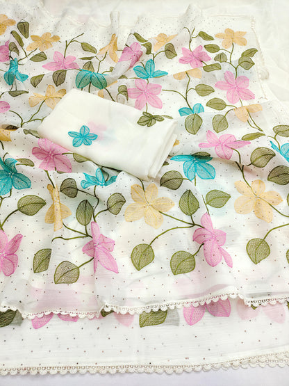 Florious White Viscose Crunchy Silk Floral Embroidered Designer Party Wear Saree with Swarovski Work