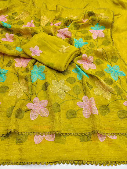 Florious Mustard Yellow Viscose Crunchy Silk Floral Embroidered Designer Party Wear Saree with Swarovski Work