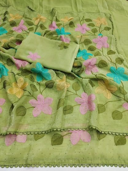 Florious Pistachio Green Viscose Crunchy Silk Floral Embroidered Designer Party Wear Saree with Swarovski Work