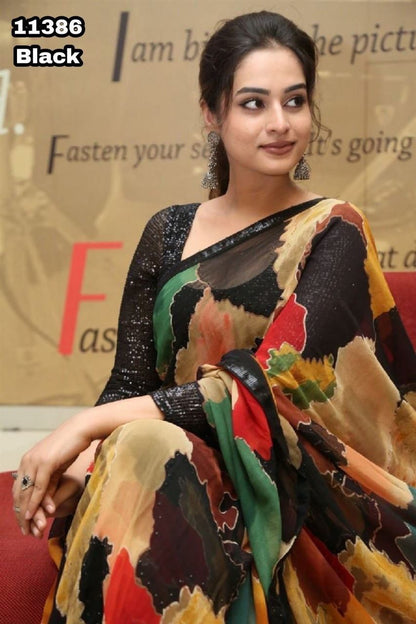 Elegant Multicolor Heavy Georgette Digital Print Saree with Sequence Lace & Designer Blouse