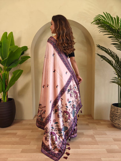 Elegant Blush Pink Pure Dola Viscose Saree with Kalamkari Digital Print & Zari Border