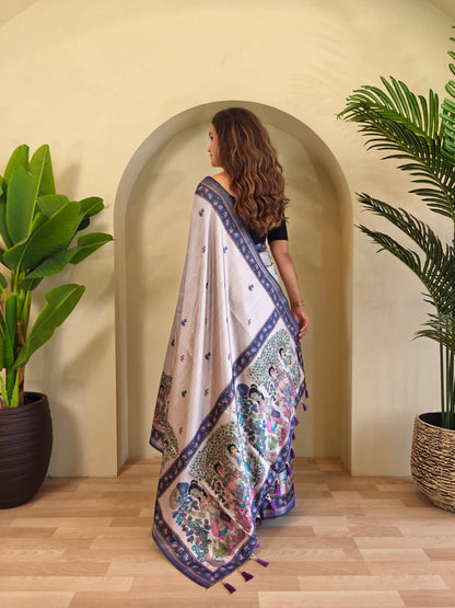 Elegant Pearl Grey Pure Dola Viscose Saree with Kalamkari Digital Print & Zari Bord