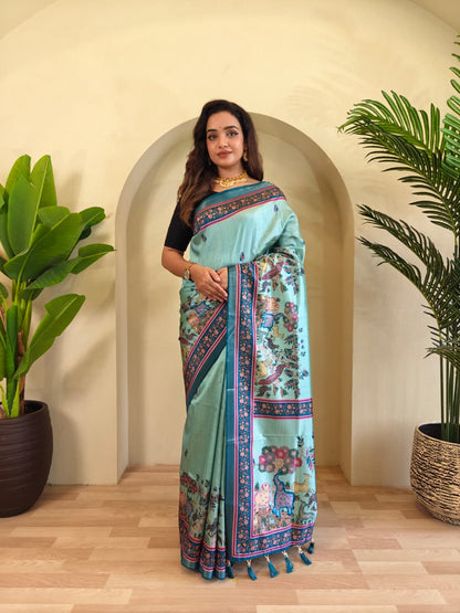 Elegant Aqua Blue Pure Dola Viscose Saree with Kalamkari Digital Print & Zari Border