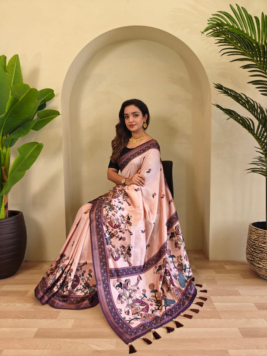 Elegant Blush Pink Pure Dola Viscose Saree with Kalamkari Digital Print & Zari Border