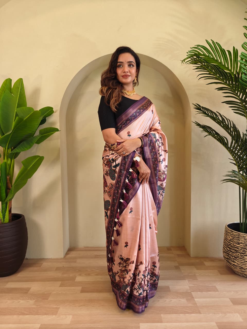Elegant Blush Pink Pure Dola Viscose Saree with Kalamkari Digital Print & Zari Border
