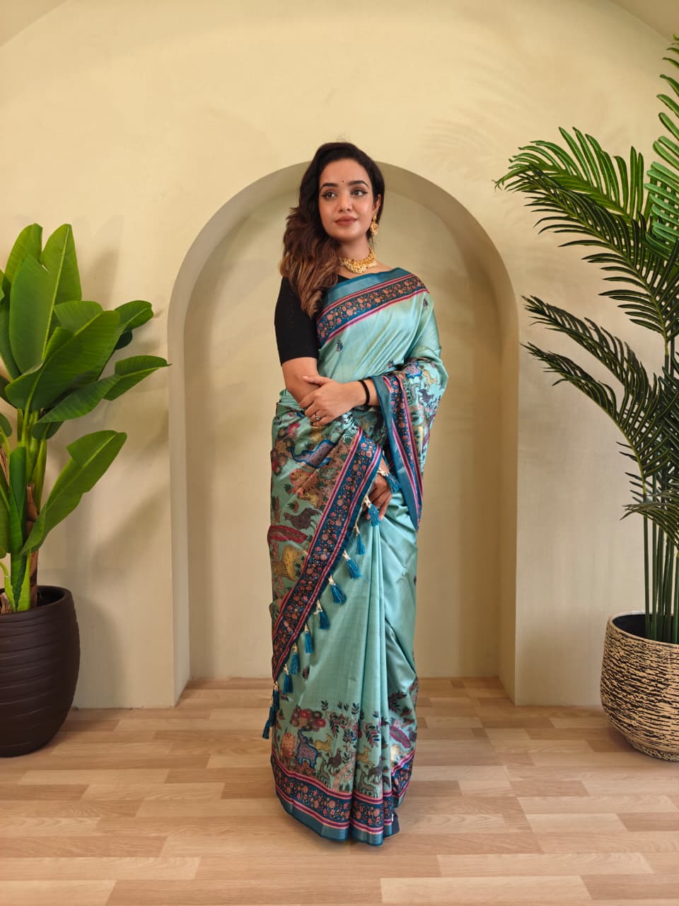Elegant Aqua Blue Pure Dola Viscose Saree with Kalamkari Digital Print & Zari Border