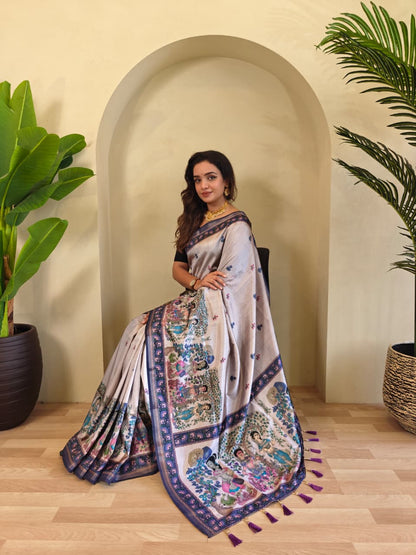 Elegant Pearl Grey Pure Dola Viscose Saree with Kalamkari Digital Print & Zari Bord