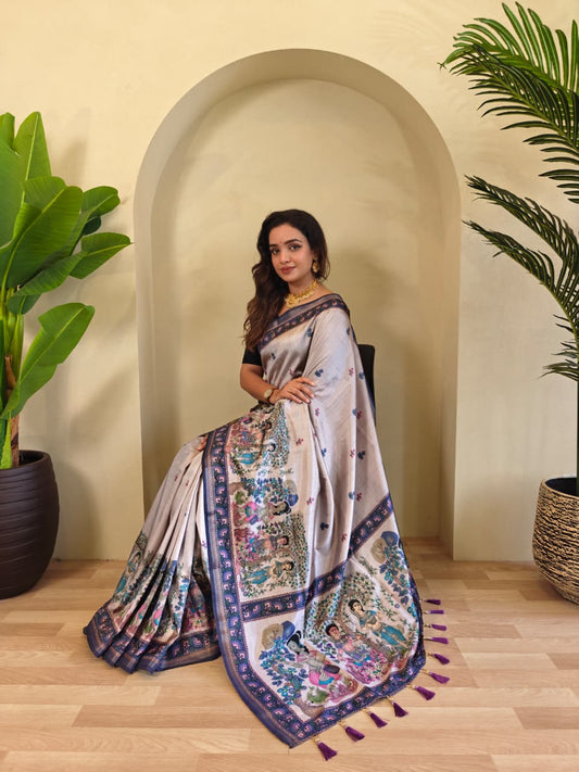 Elegant Pearl Grey Pure Dola Viscose Saree with Kalamkari Digital Print & Zari Bord