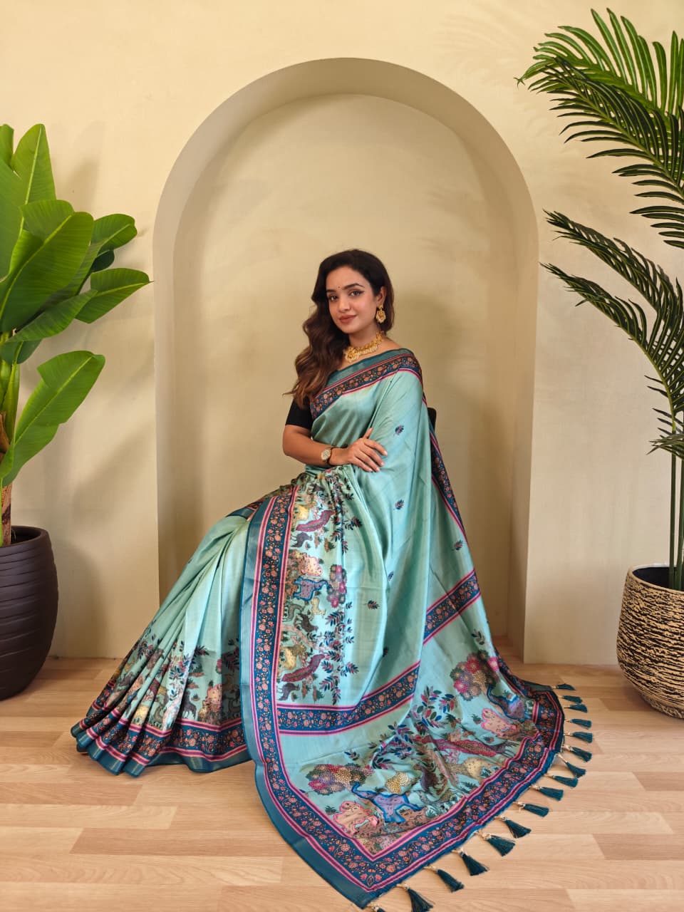 Elegant Aqua Blue Pure Dola Viscose Saree with Kalamkari Digital Print & Zari Border