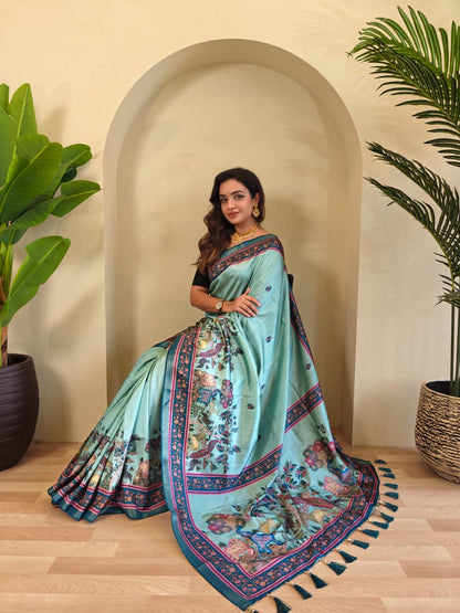 Elegant Aqua Blue Pure Dola Viscose Saree with Kalamkari Digital Print & Zari Border