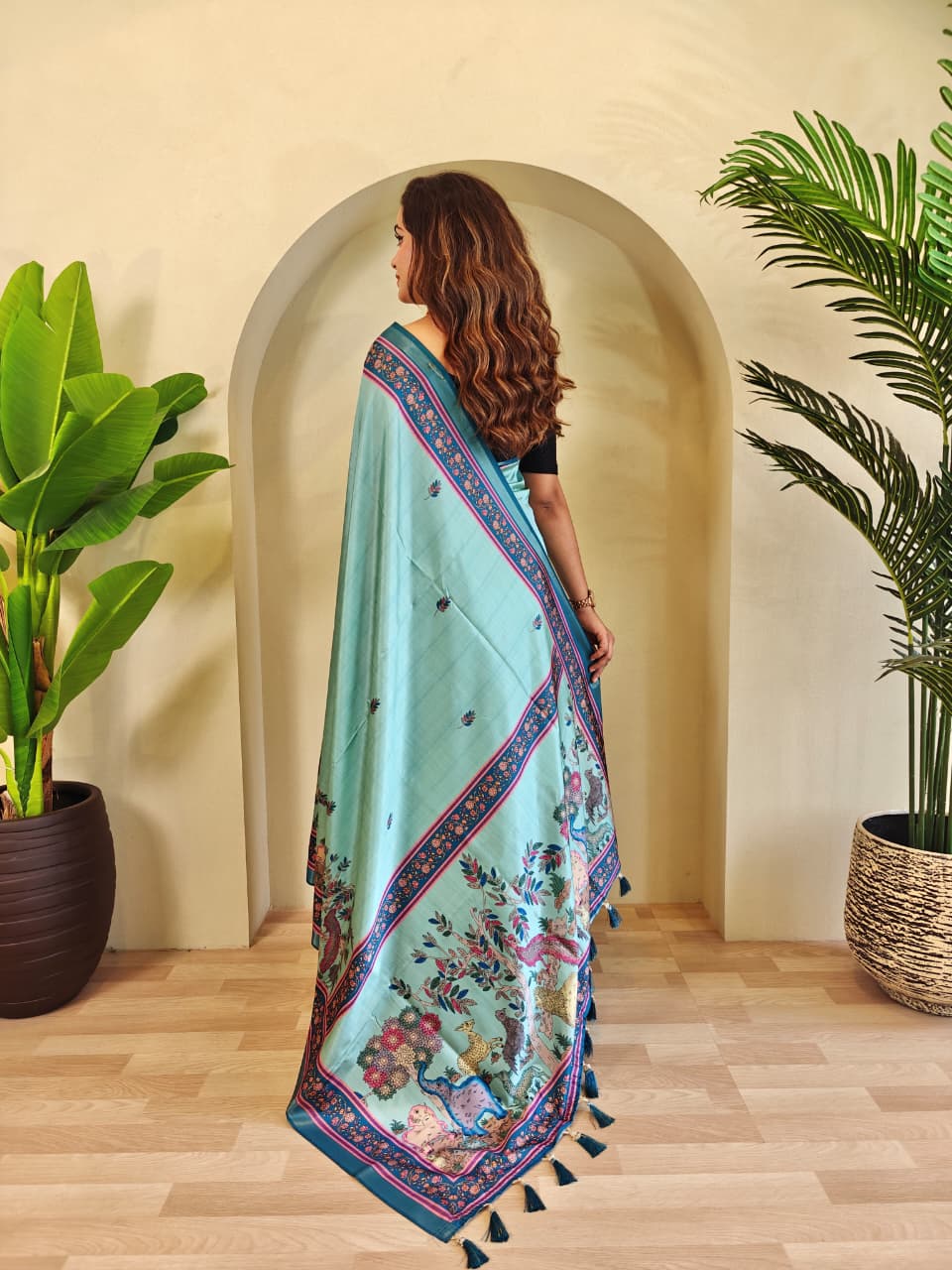 Elegant Aqua Blue Pure Dola Viscose Saree with Kalamkari Digital Print & Zari Border