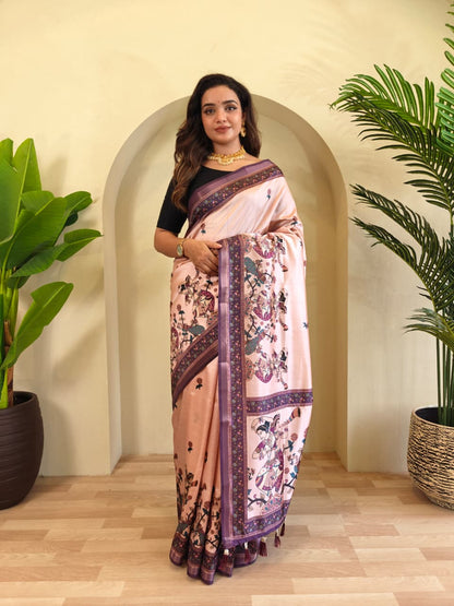 Elegant Blush Pink Pure Dola Viscose Saree with Kalamkari Digital Print & Zari Border
