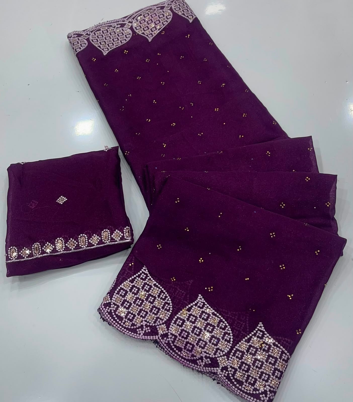 Royal Plum Star Georgette Silk Saree with Embroidered Zarkhan Border & Worked Blouse