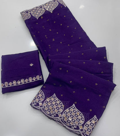Royal Purple Star Georgette Silk Saree with Designer Embroidery Border