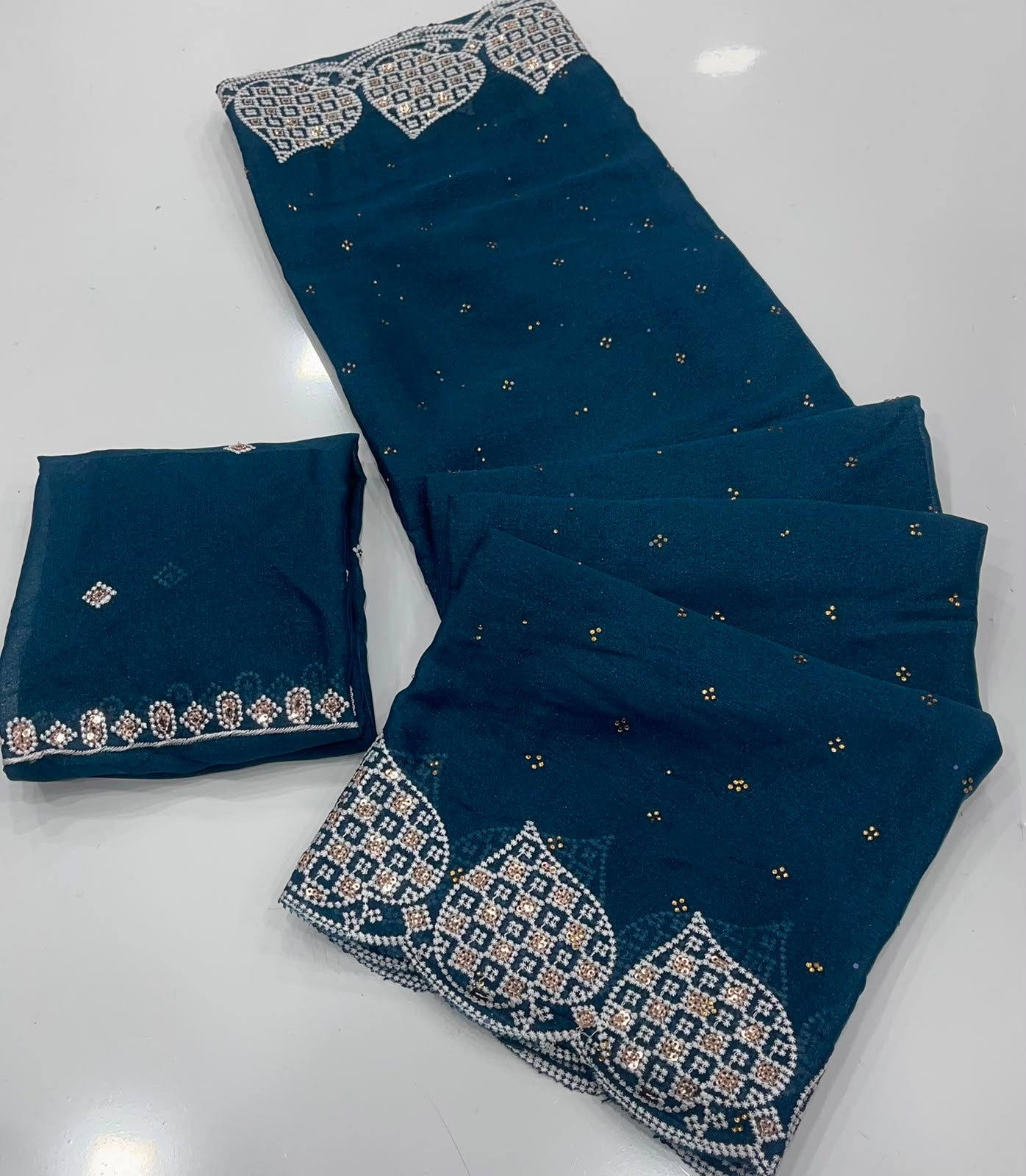 Elegant Teal Blue Star Georgette Silk Saree with Embroidered Zarkhan Border & Worked Blouse