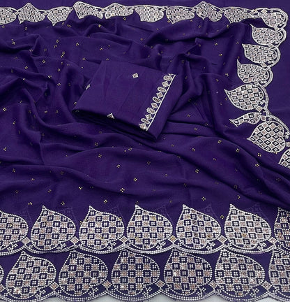 Royal Purple Star Georgette Silk Saree with Designer Embroidery Border