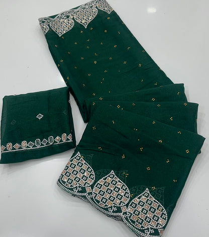 Emerald Green Star Georgette Silk Saree with Embroidered Zarkhan Border & Worked Blouse