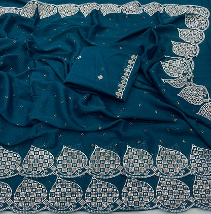 Elegant Teal Blue Star Georgette Silk Saree with Embroidered Zarkhan Border & Worked Blouse