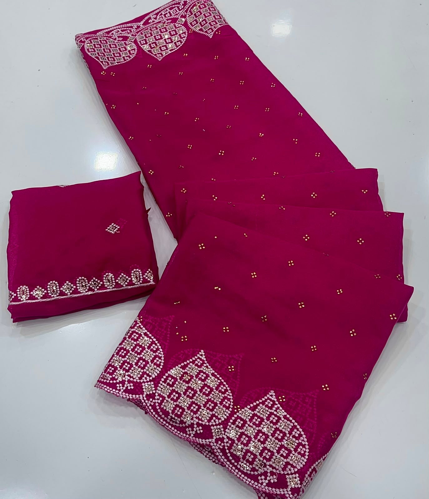 Rani Pink Star Georgette Silk Saree with Embroidered Zarkhan Border & Worked Blouse