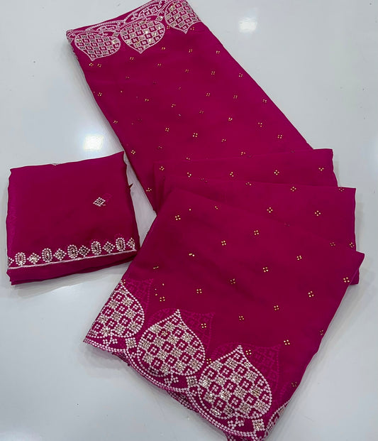 Rani Pink Star Georgette Silk Saree with Embroidered Zarkhan Border & Worked Blouse