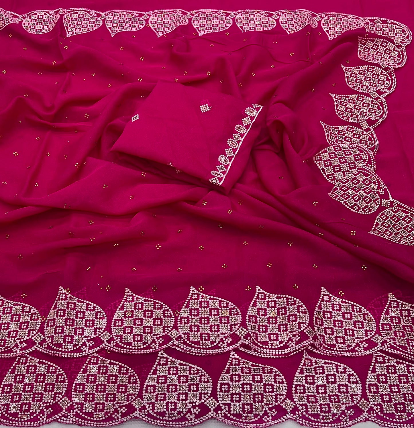 Rani Pink Star Georgette Silk Saree with Embroidered Zarkhan Border & Worked Blouse