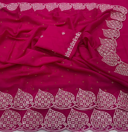 Rani Pink Star Georgette Silk Saree with Embroidered Zarkhan Border & Worked Blouse
