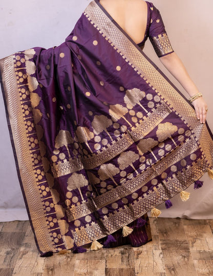 Soft Banarasi Silk Royal Purple Saree with Tree Zari Weaving