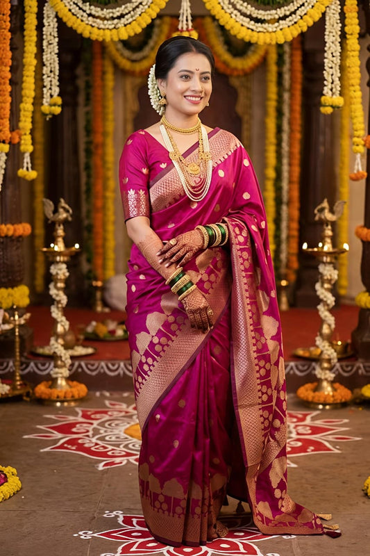 Soft Banarasi Silk Rani Pink Saree with Tree Zari Weaving