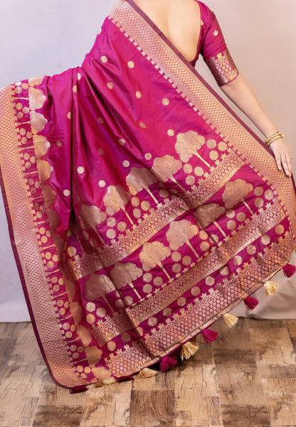 Soft Banarasi Silk Rani Pink Saree with Tree Zari Weaving