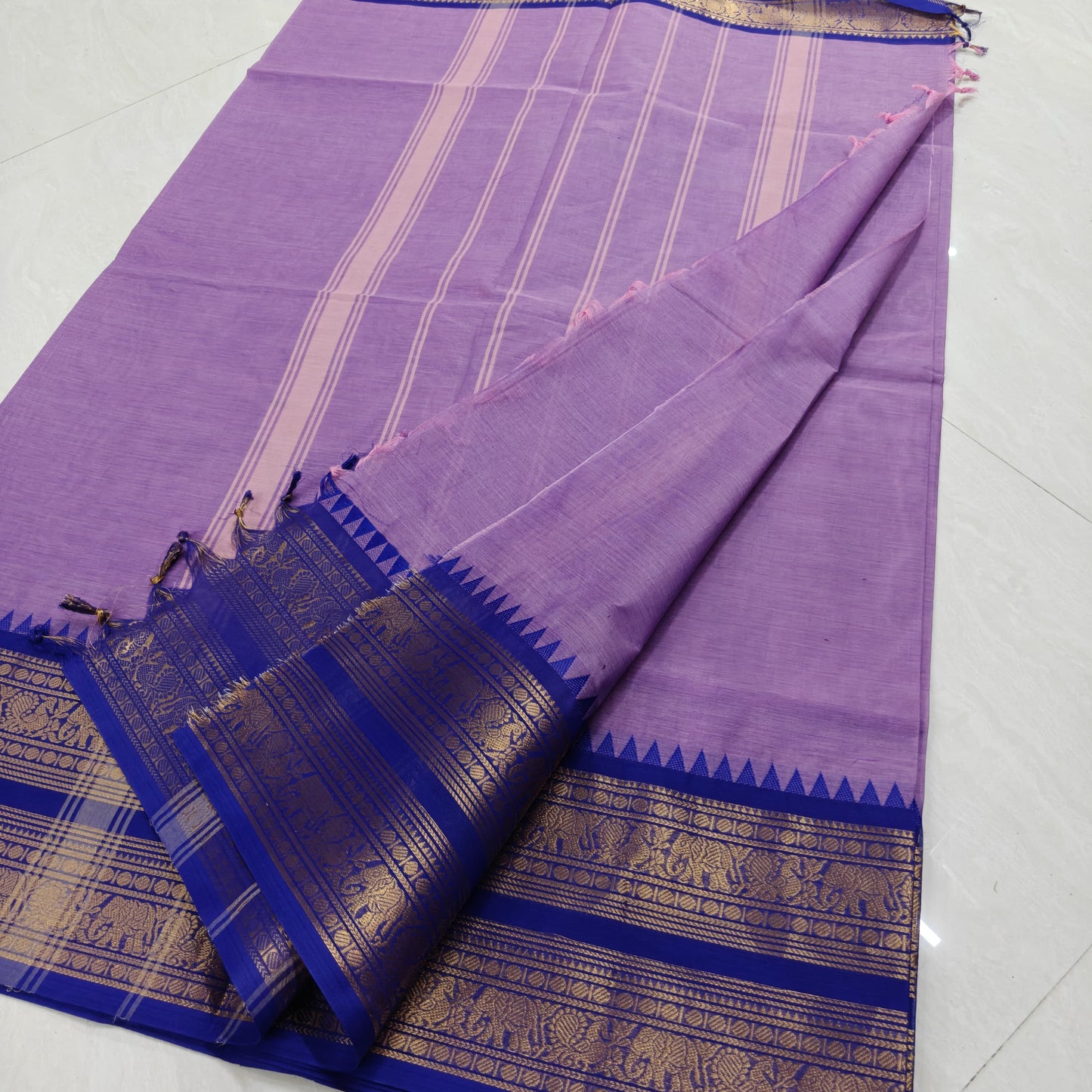 Pure Kanchi Cotton Lavender Saree with Blue Elephant Zari Border