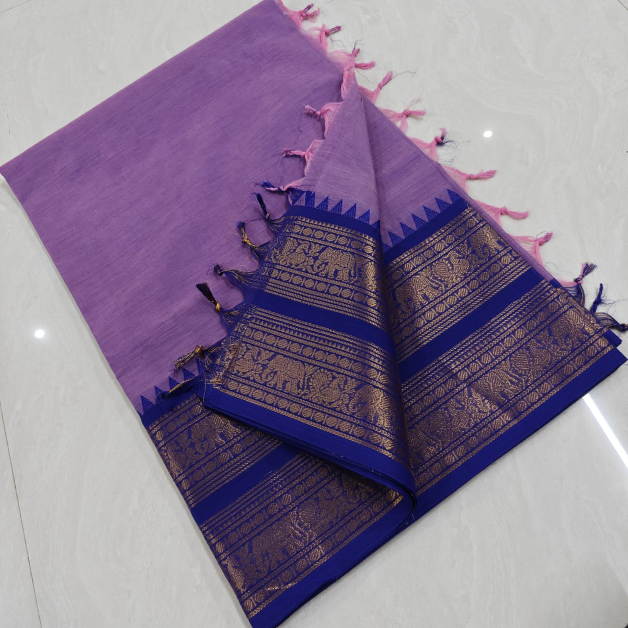 Pure Kanchi Cotton Lavender Saree with Blue Elephant Zari Border
