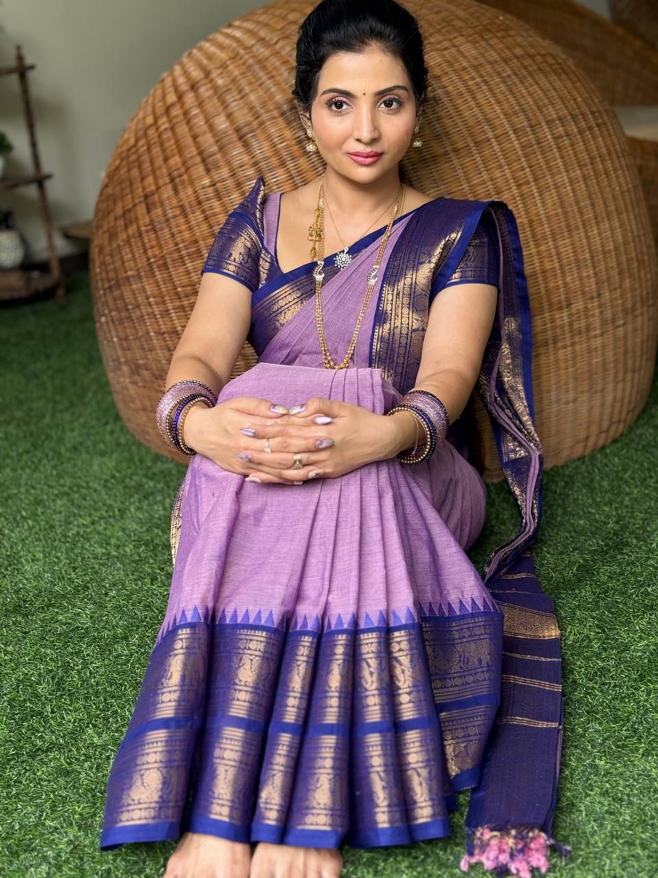 Pure Kanchi Cotton Lavender Saree with Blue Elephant Zari Border