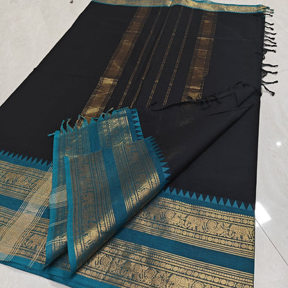 Pure Kanchi Cotton Black Saree with Teal Blue Elephant Zari Border