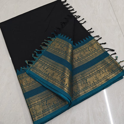 Pure Kanchi Cotton Black Saree with Teal Blue Elephant Zari Border