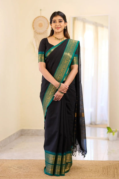 Pure Kanchi Cotton Black Saree with Teal Blue Elephant Zari Border