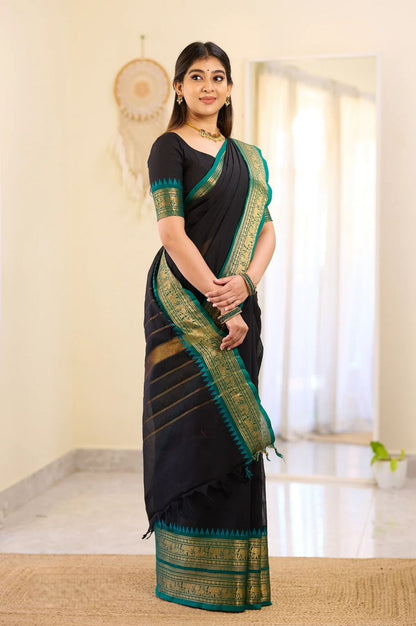 Pure Kanchi Cotton Black Saree with Teal Blue Elephant Zari Border