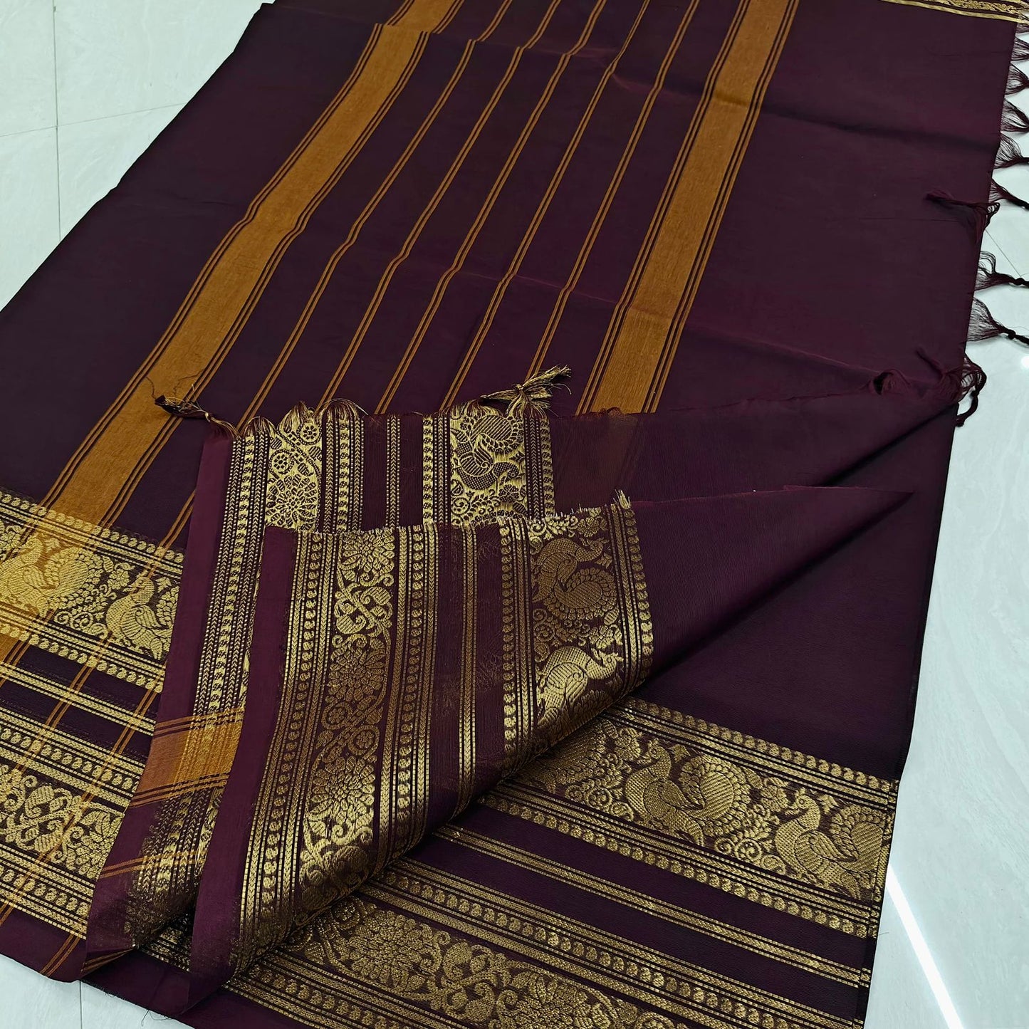 Premium Kanchi Pure Cotton Brown Saree with Gold Peacock Zari Border