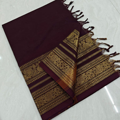 Premium Kanchi Pure Cotton Brown Saree with Gold Peacock Zari Border